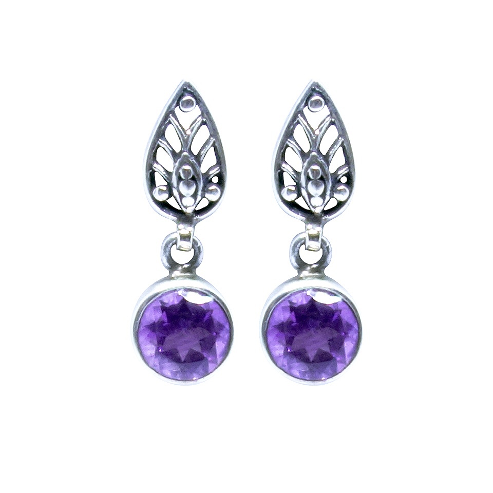 925 sterling silver amethyst drop earrings with filigree leaf design