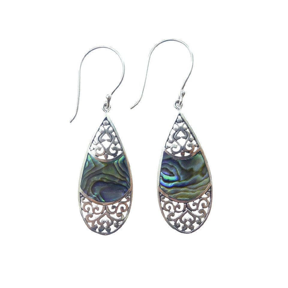 925 sterling silver teardrop earrings with abalone shell inlay and filigree design
