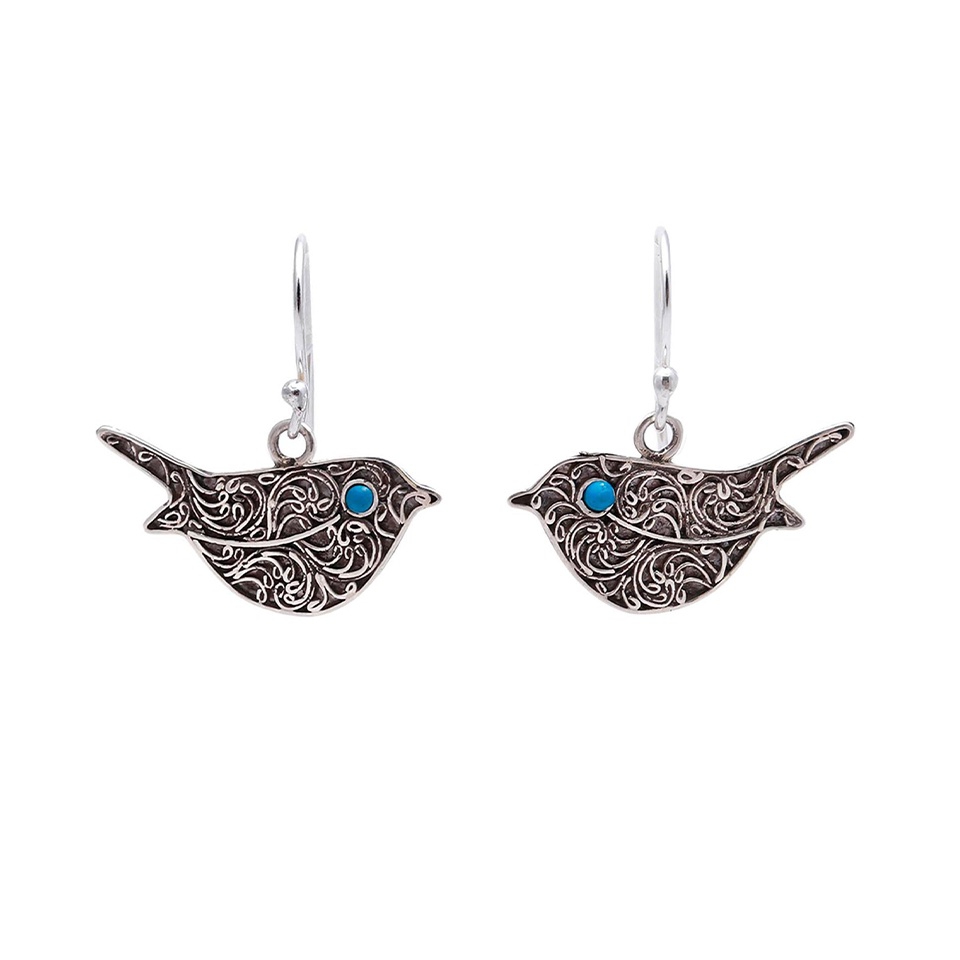 925 sterling silver bird-shaped dangle earrings with turquoise gemstone accents