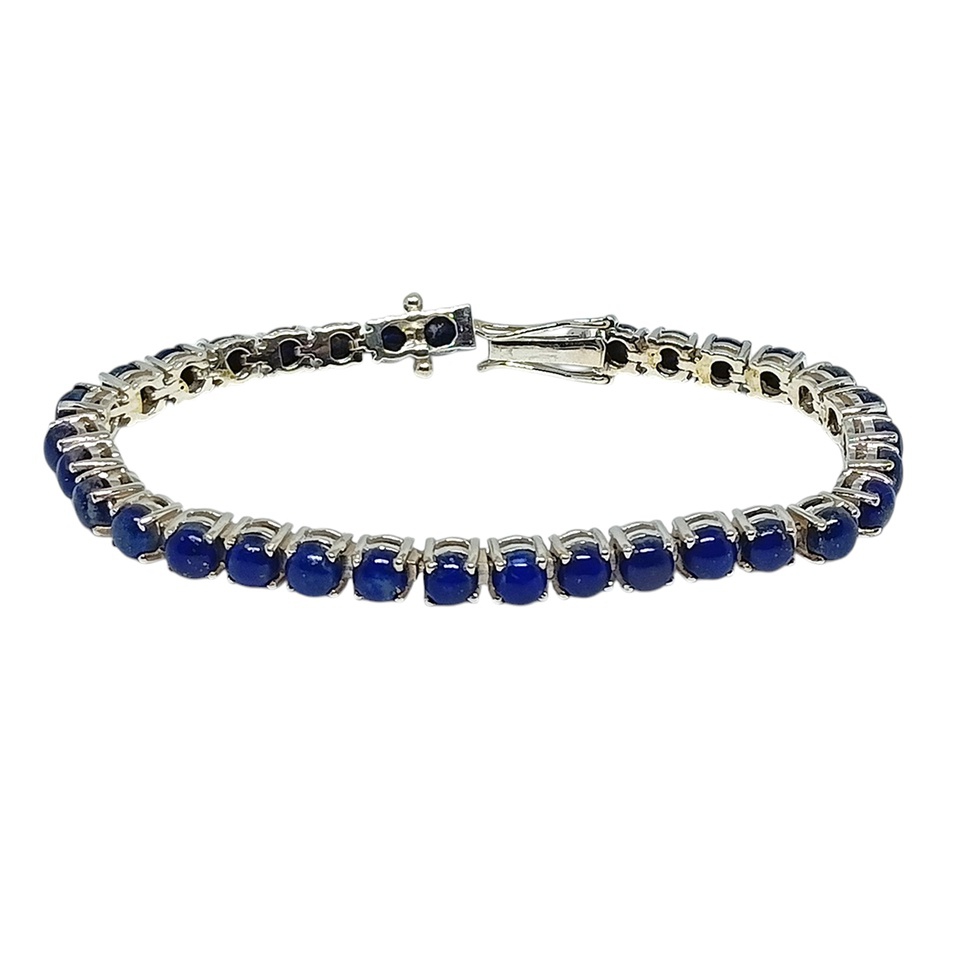 925 sterling silver tennis bracelet with round cabochon lapis lazuli gemstones