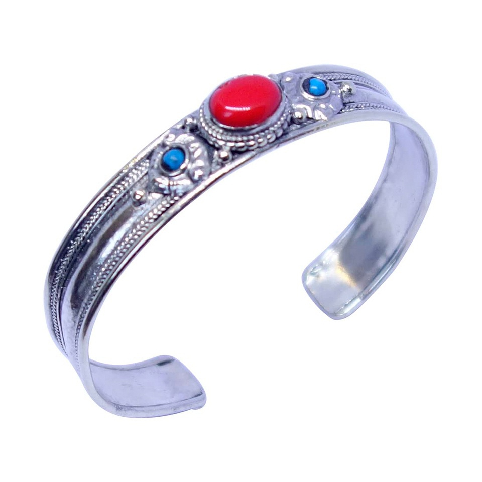 Silver cuff bracelet with red coral and turquoise gemstones