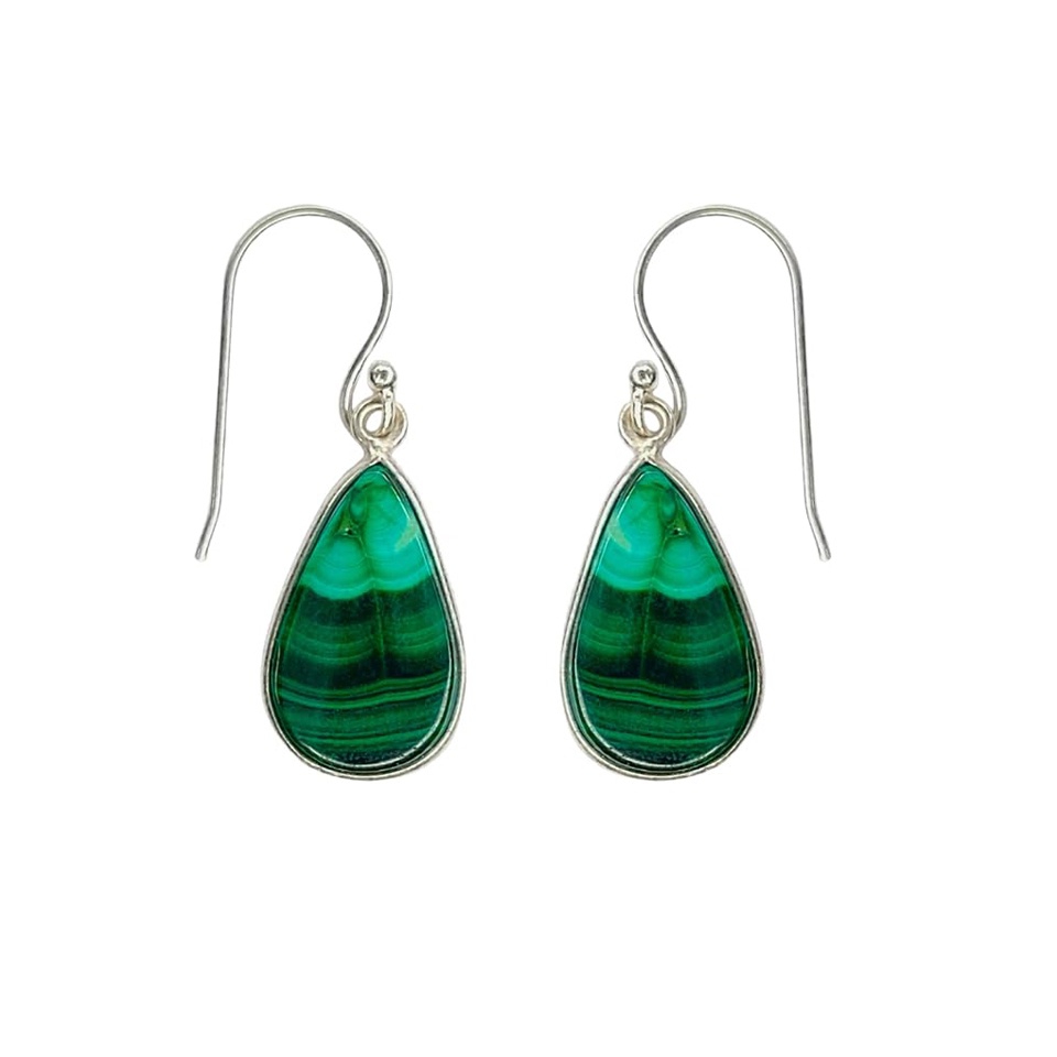925 sterling silver teardrop dangle earrings with green malachite gemstones