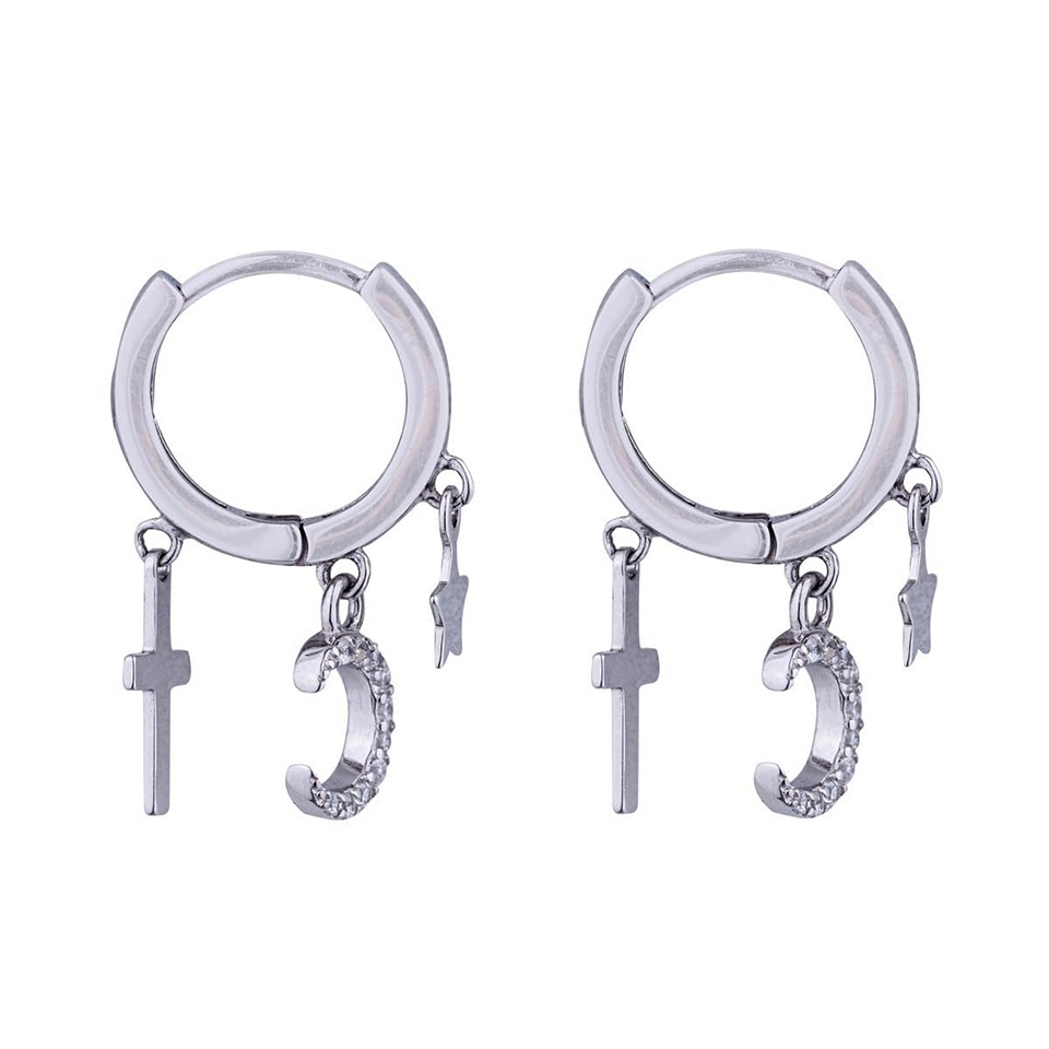 925 sterling silver hoop earrings with cross, moon, and star cubic zirconia charms