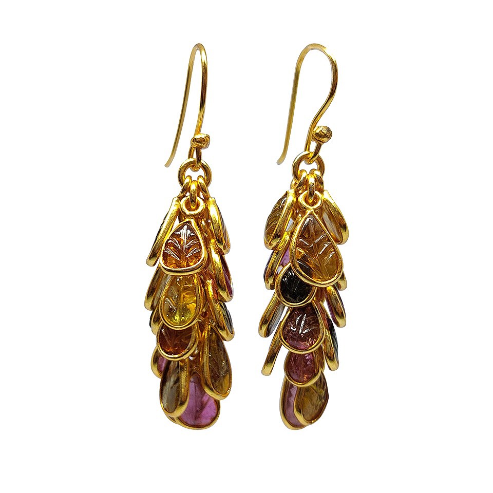 Gold-plated dangle earrings with multicolor leaf design