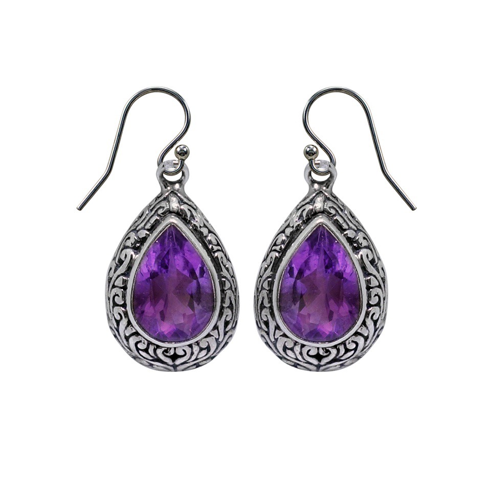 925 sterling silver teardrop amethyst gemstone dangle earrings with intricate filigree design