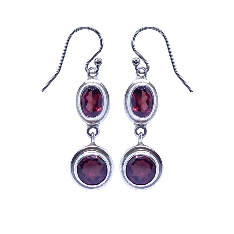 925 sterling silver double drop dangle earrings with oval and round garnet gemstones