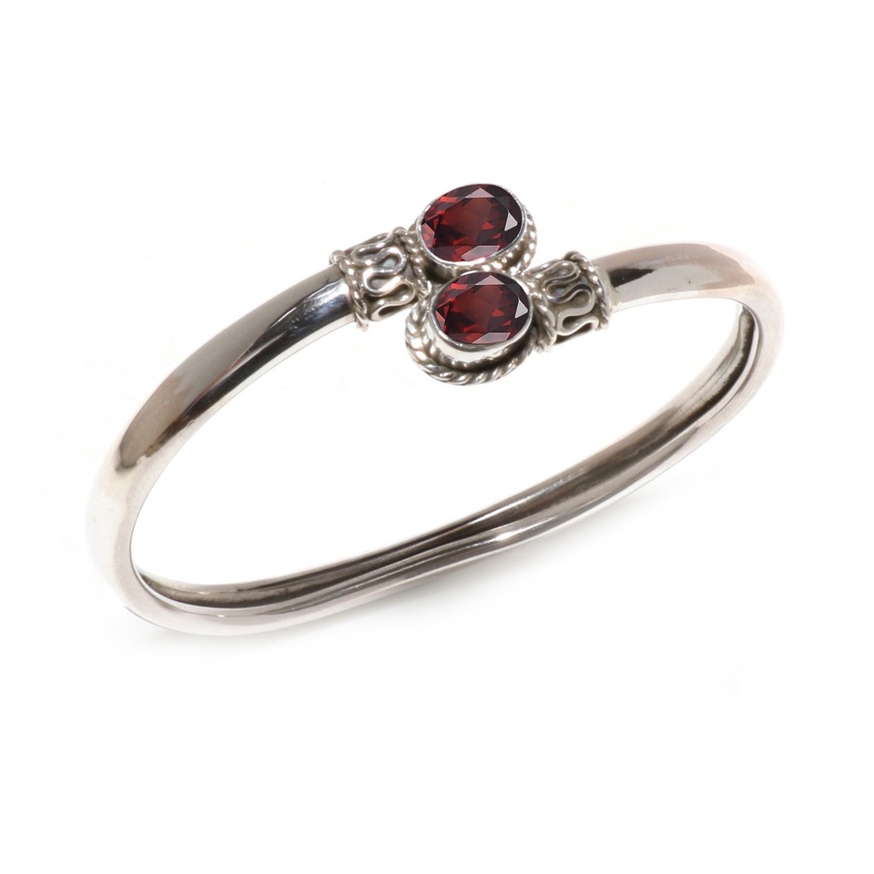 Sterling silver cuff bracelet with garnet gemstones