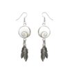 925 sterling silver feather drop earrings with shiva eye shell