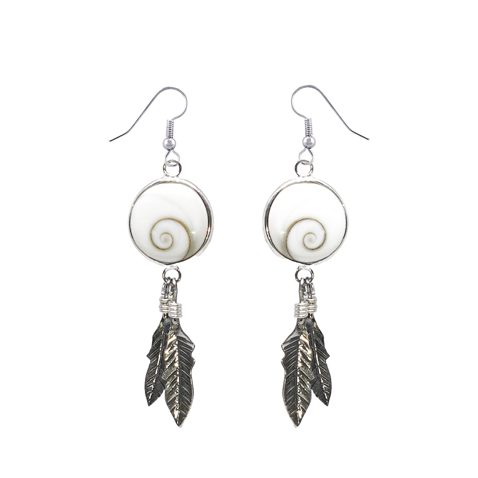 925 sterling silver feather drop earrings with shiva eye shell