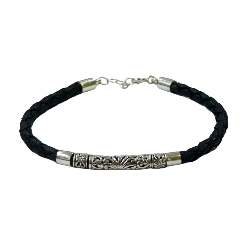 Black braided leather bracelet with ornate silver tube beads.