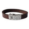 Men’s brown leather bracelet with textured silver clasp.