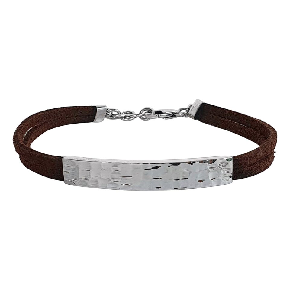 Men’s hammered silver bracelet with brown suede leather band.
