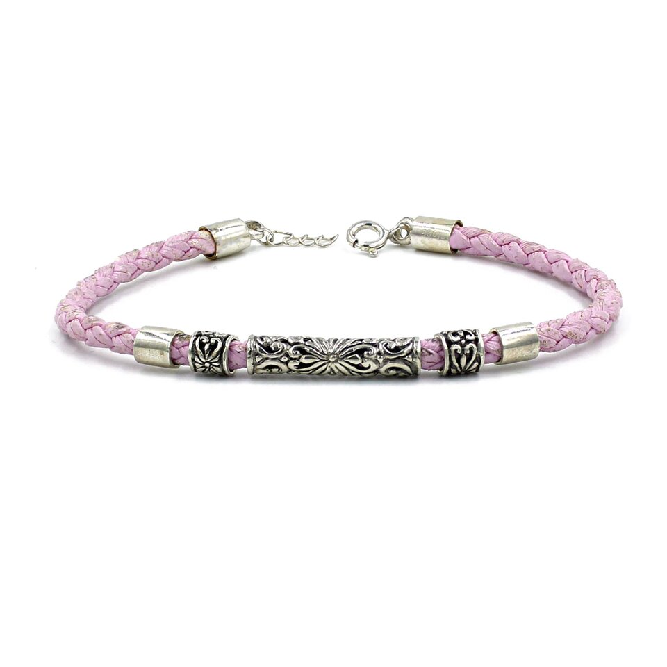 Pink braided leather bracelet with ornate silver tube beads.