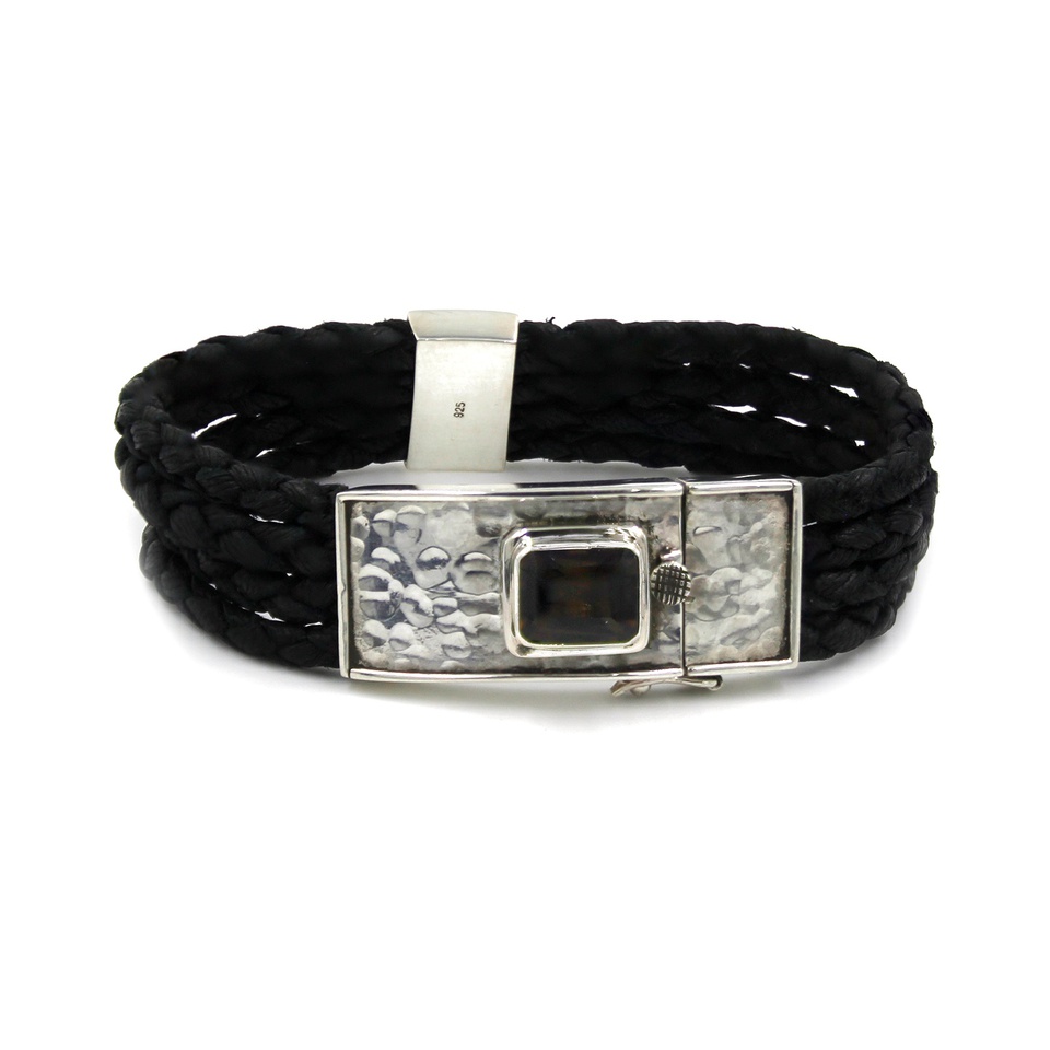 Black braided leather bracelet with hammered 925 silver clasp and smoky topaz