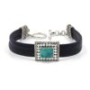 Black leather bracelet with ornate 925 silver frame and turquoise gemstone