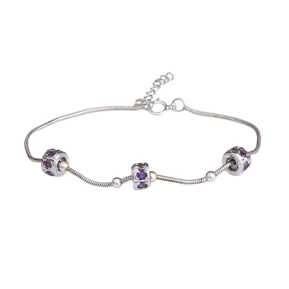 Silver snake chain bracelet with three amethyst gemstone-studded charm beads
