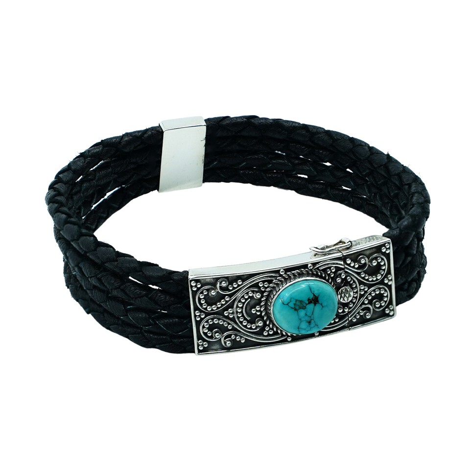 Black braided leather bracelet with ornate 925 silver clasp and turquoise gemstone
