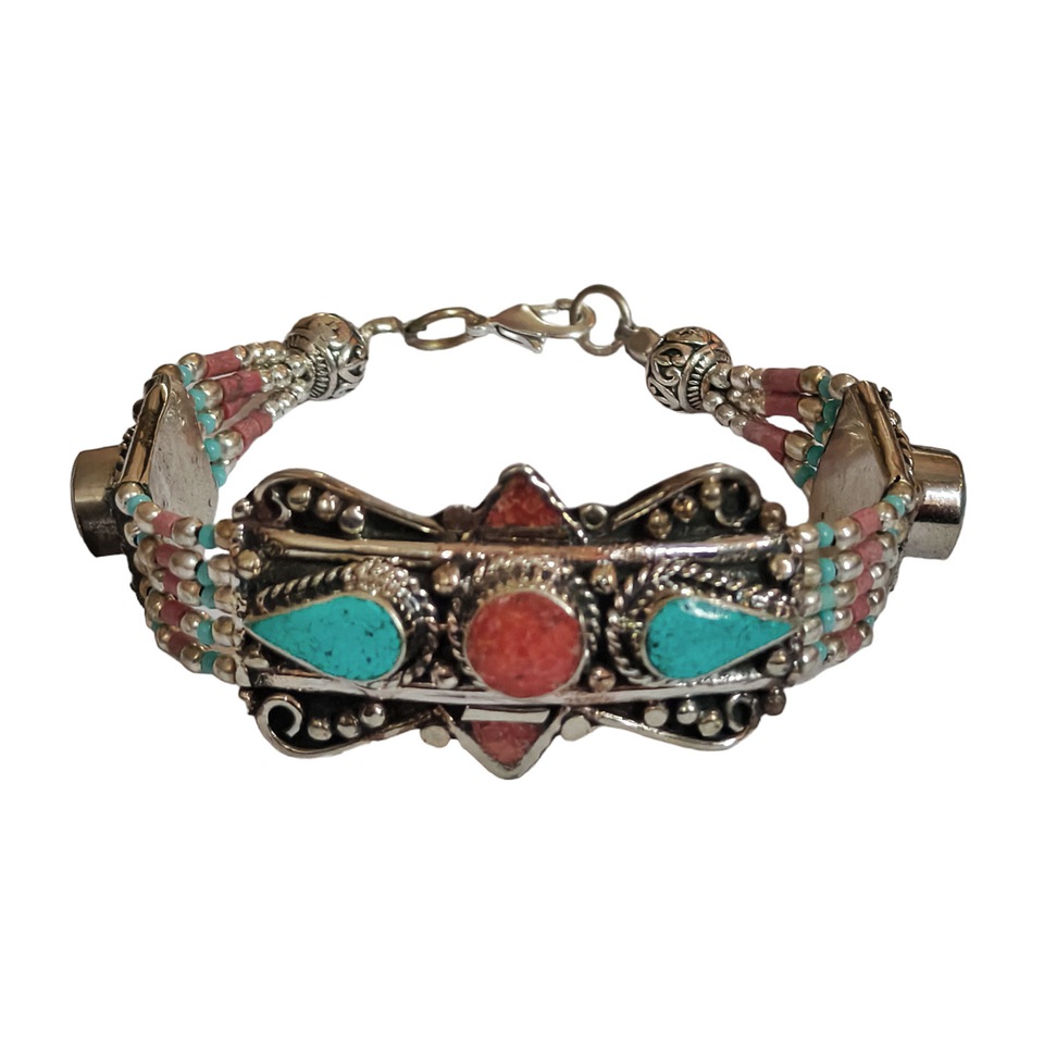 Handmade Tibetan silver bracelet with turquoise and coral inlay