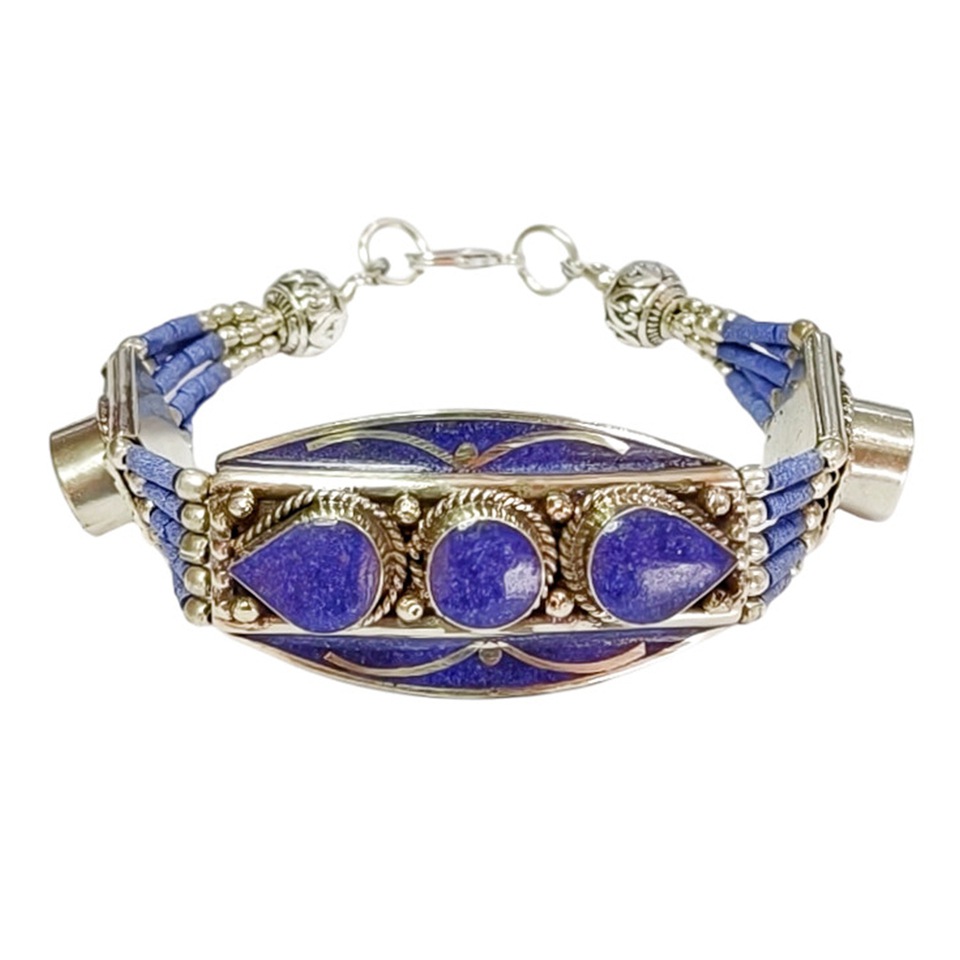 Handmade Tibetan silver bracelet with lapis lazuli inlay