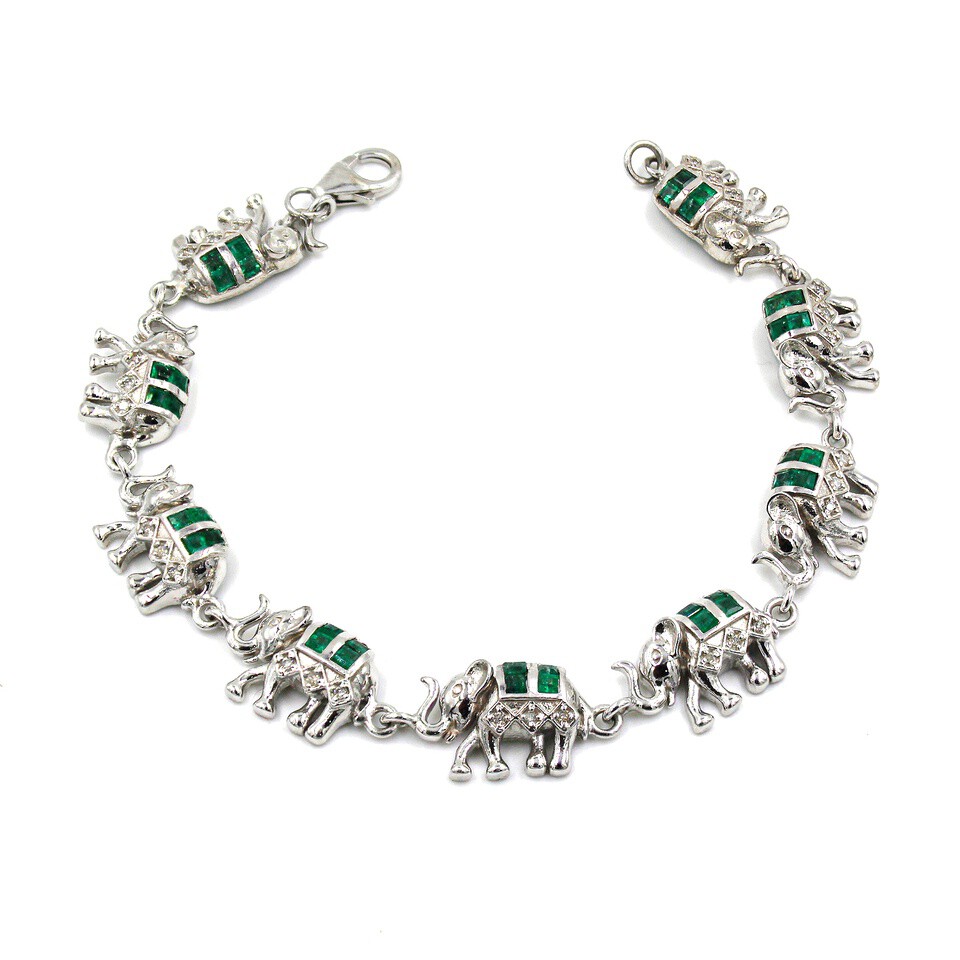 Zambian Emerald Inlay Elephant Bracelet in 925 Sterling Silver