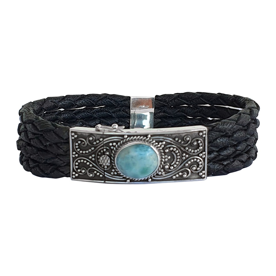 Black braided leather bracelet with ornate 925 silver clasp and larimar gemstone