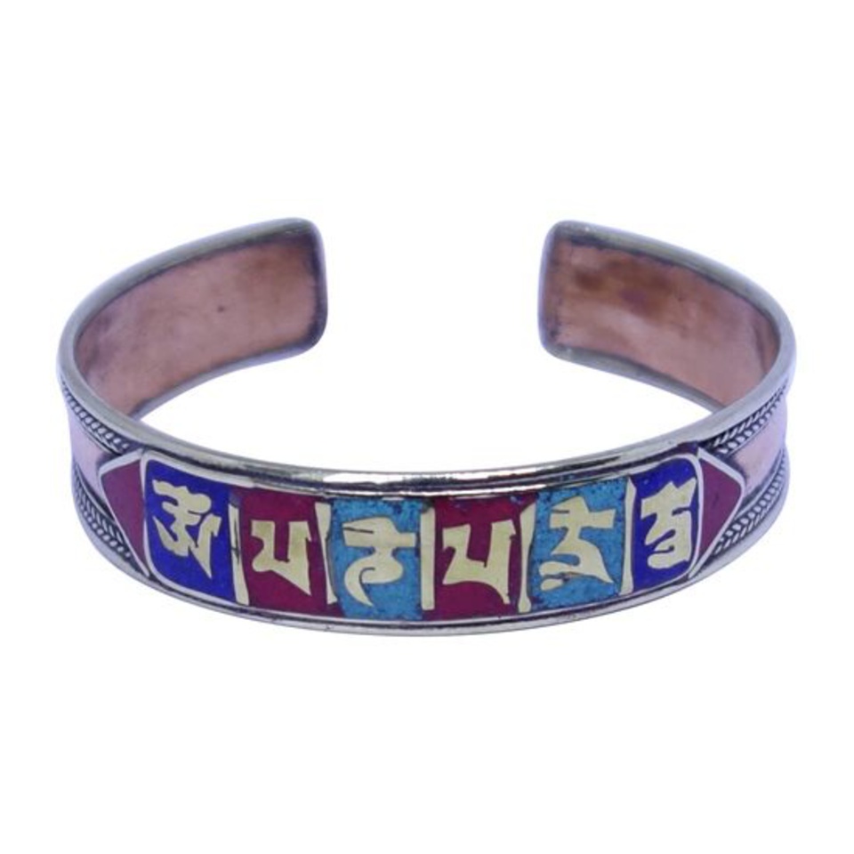 Tibetan cuff bracelet with “Om Mani Padme Hum” mantra in colorful inlay