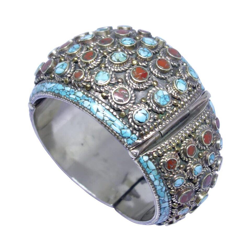 Tibetan silver cuff bracelet with turquoise and coral inlay