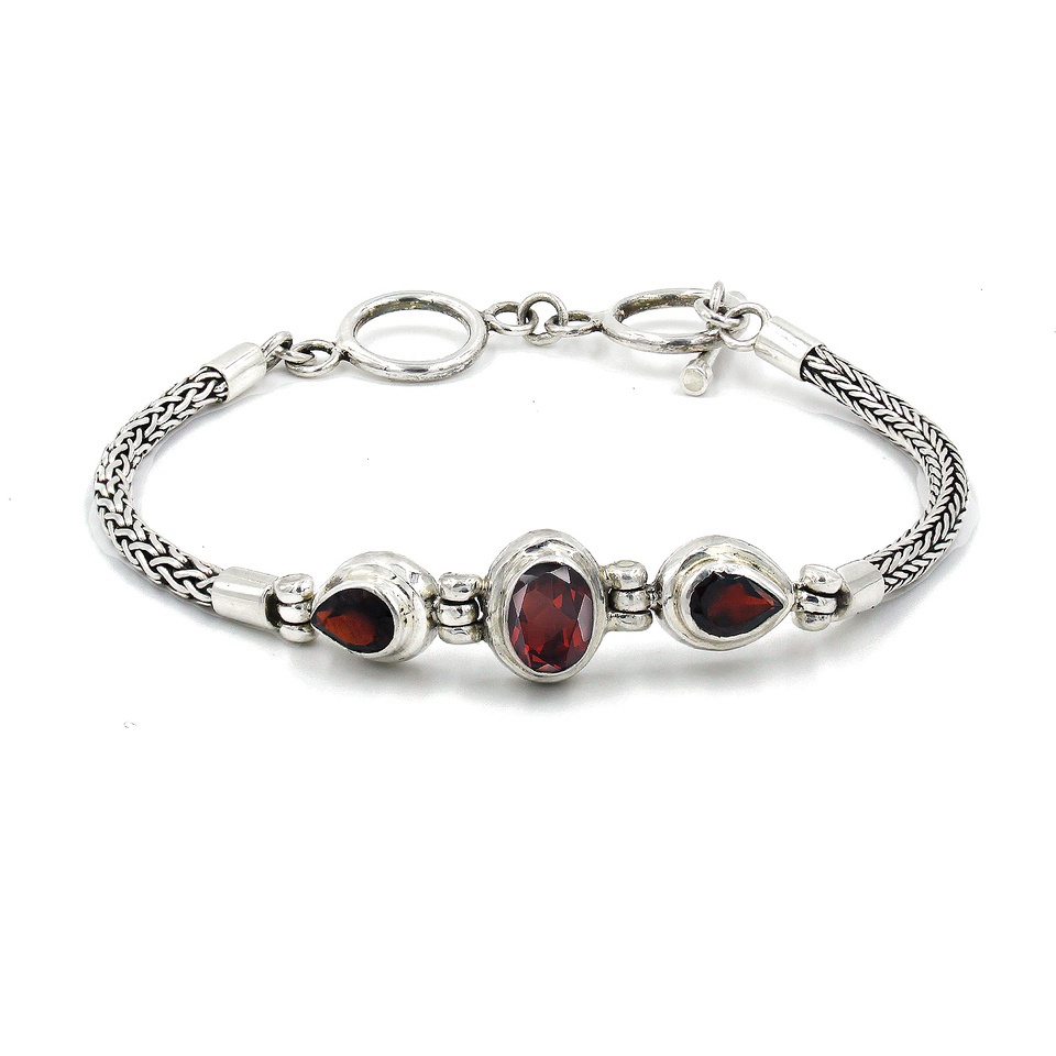 Garnet gemstone bracelet with braided sterling silver chain