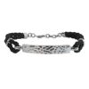 Men’s hammered silver bracelet with black braided leather band.