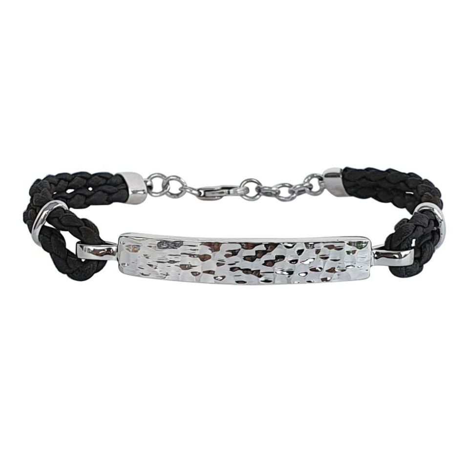 Men’s hammered silver bracelet with black braided leather band.