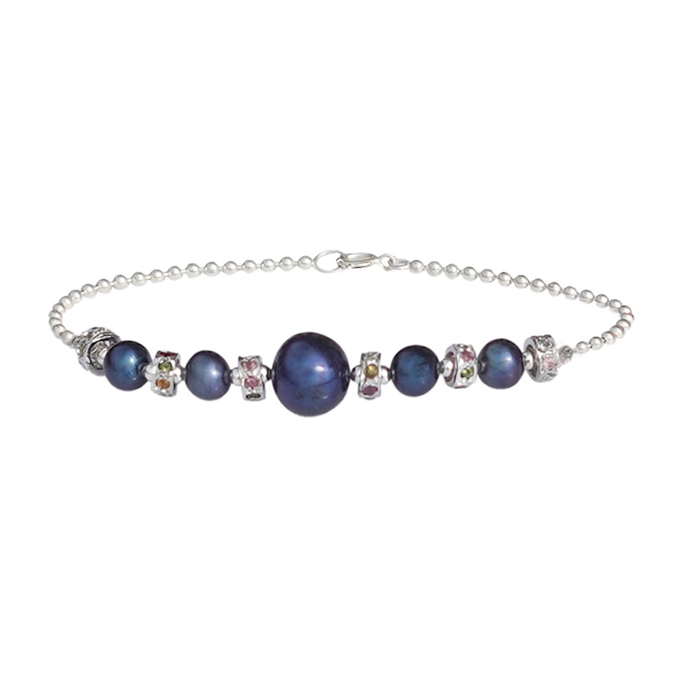 Black pearl bracelet with silver beaded chain and multicolored gemstone-studded spacers