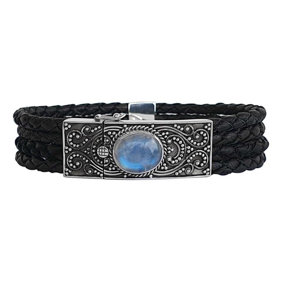 Black braided leather bracelet with ornate 925 silver clasp and moonstone gemstone