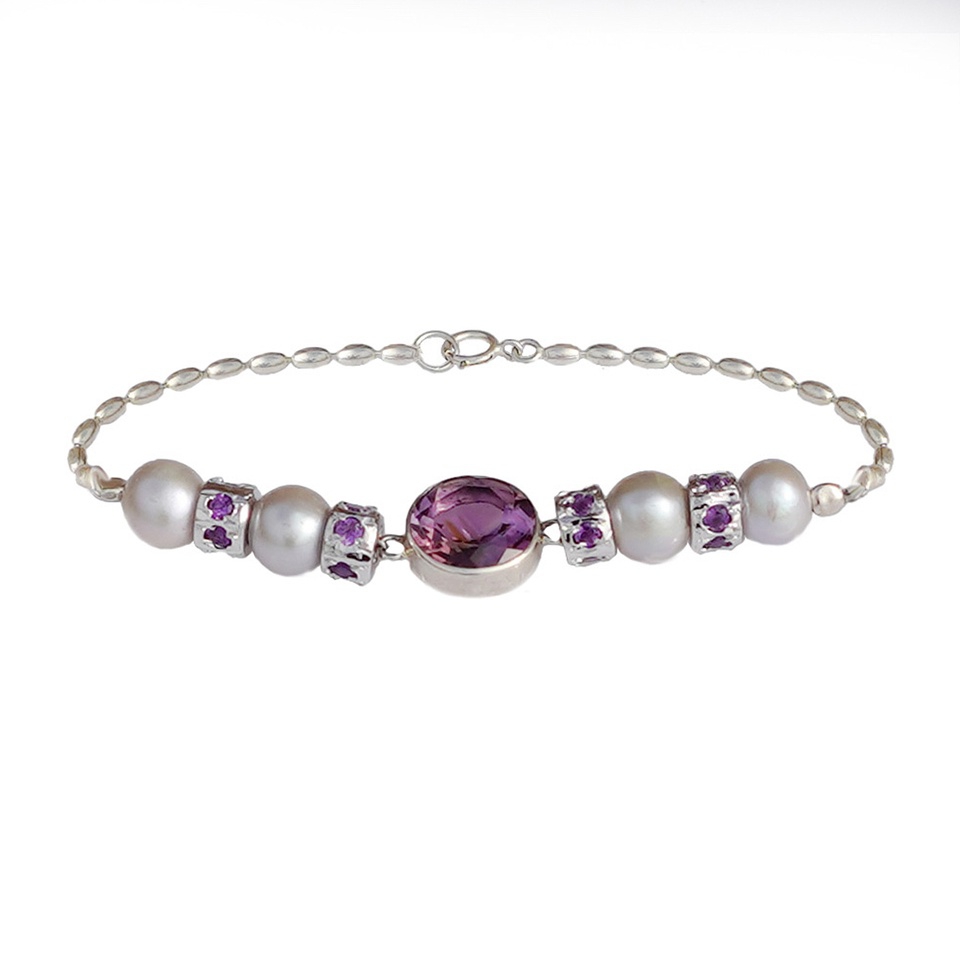Handmade Purple Amethyst & Pearl Gemstone Bracelet