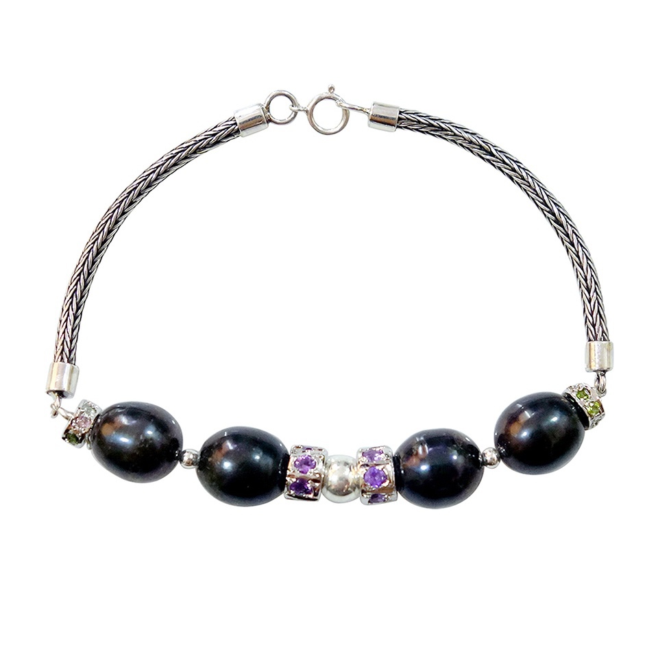 Black Pearl bracelet with Amethyst and Peridot accents