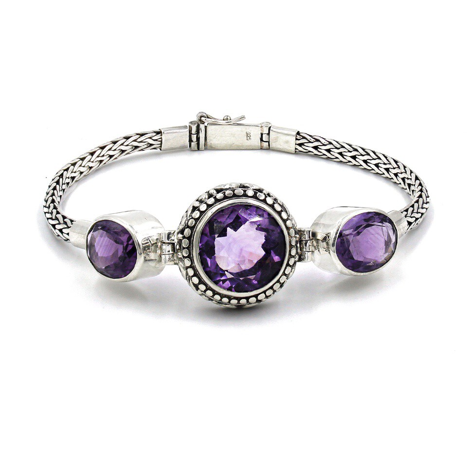 Amethyst bracelet with intricate sterling silver woven chain design