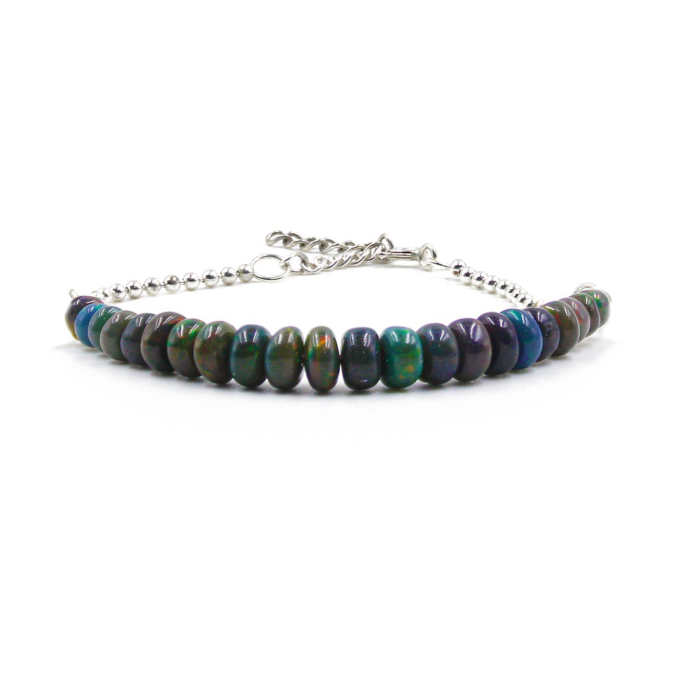 Black Ethiopian Opal Beaded Sterling Silver Adjustable Bracelet
