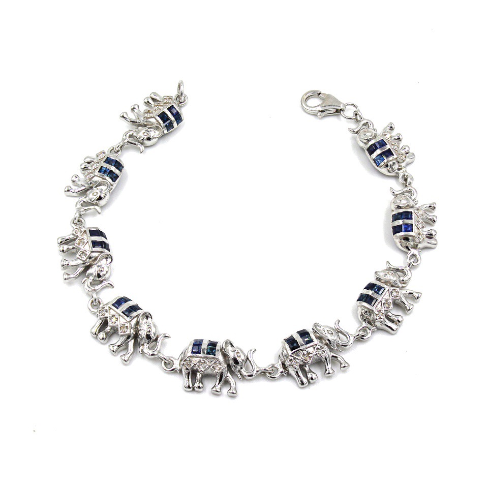 Handmade Blue Sapphire & White Topaz Elephant Design Sterling Silver Bracelet