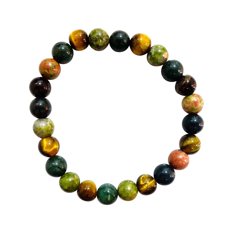 Multi-stone beaded bracelet featuring Tiger Eye, Bloodstone, and Unakite