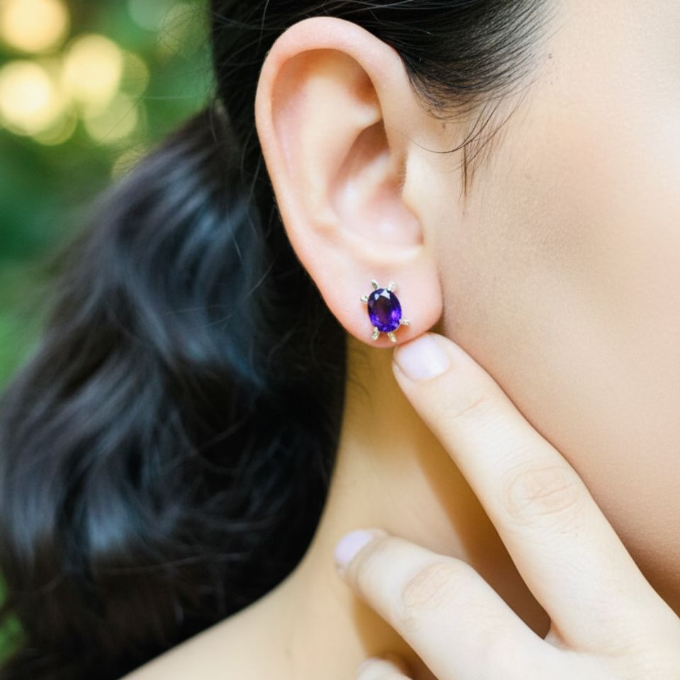 Turtle Shape Studs with Purple Amethyst Gemstone