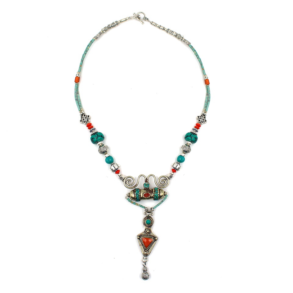 Boho necklace with turquoise and coral inlay