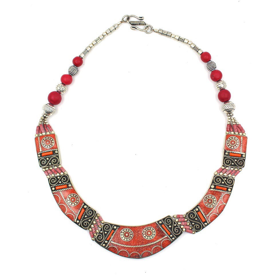 Handcrafted tribal necklace with Coral inlay