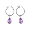 Silver hoop earrings with pear-shaped amethyst gemstone