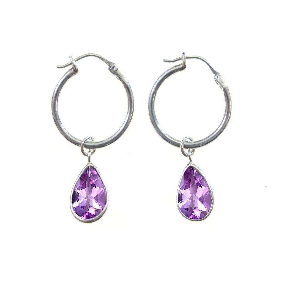 Silver hoop earrings with pear-shaped amethyst gemstone