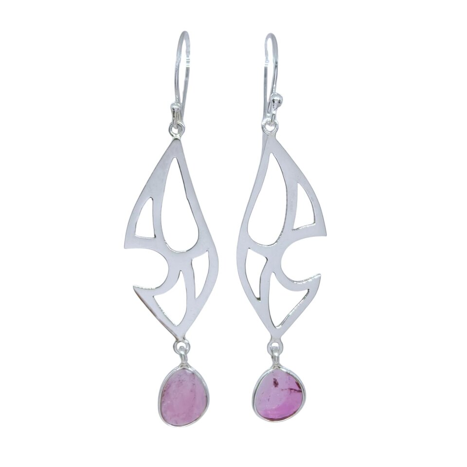 Silver cutout drop earrings with oval pink tourmaline gemstones