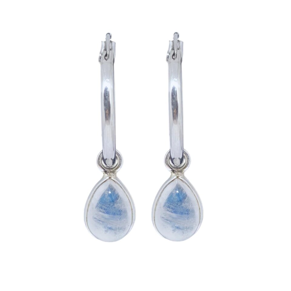925 sterling silver hoop earrings with teardrop rainbow moonstone gemstones