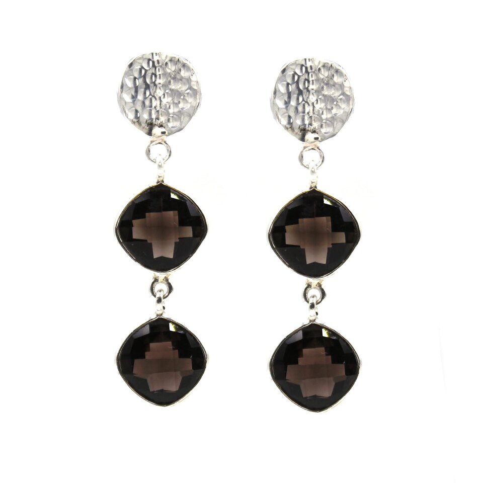 Silver drop earrings with double cushion-cut smoky quartz gemstones