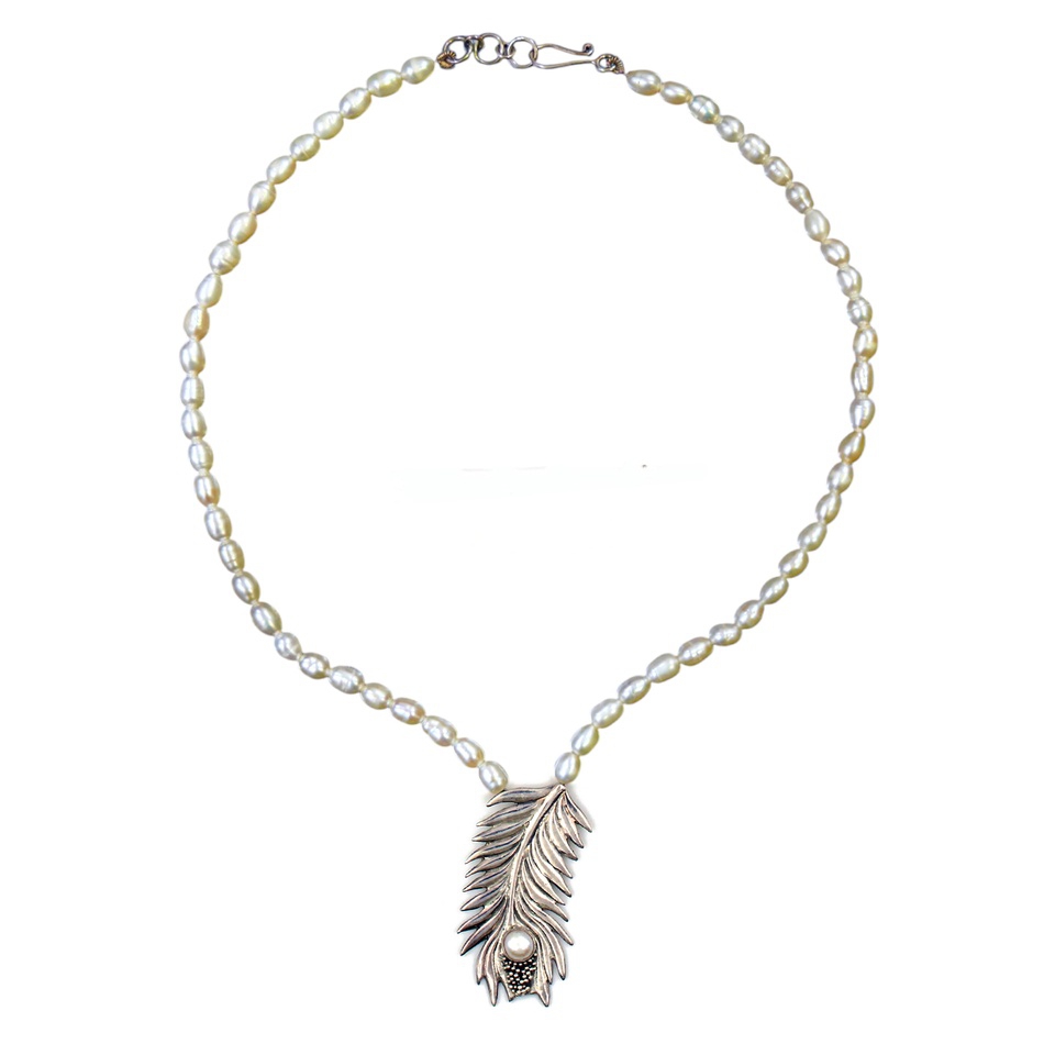 Freshwater Pearl necklace with feather pendant