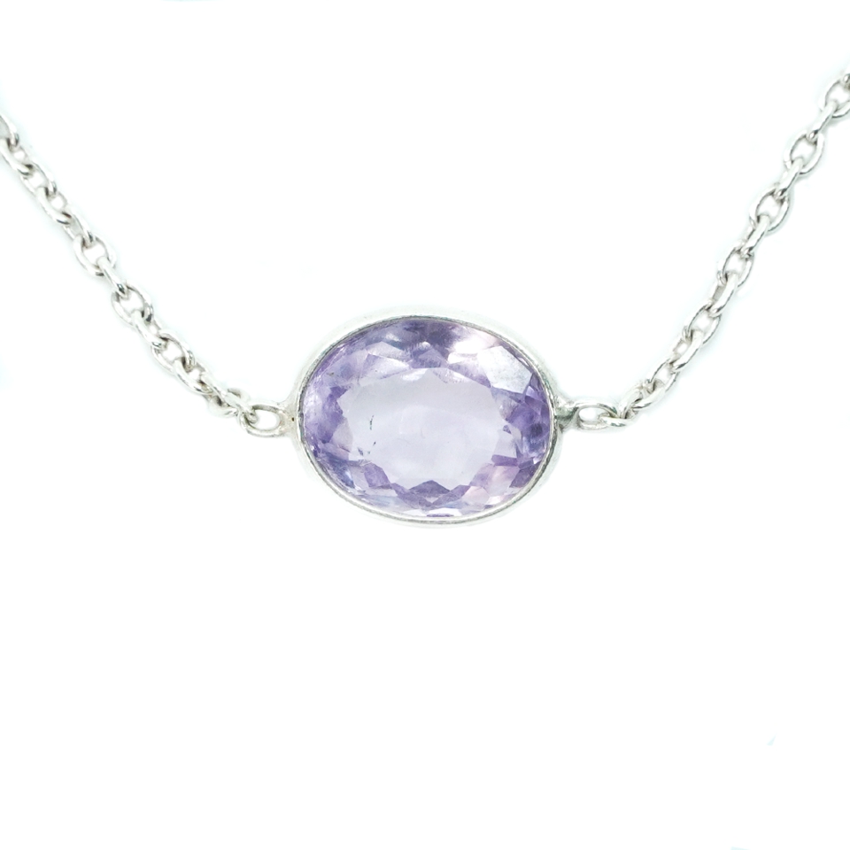 Oval-cut Pink Amethyst gemstone necklace with silver chain