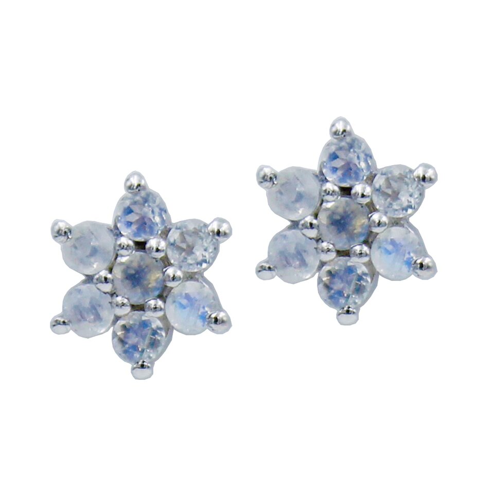 Floral-shaped stud earrings with round moonstone gemstones set in silver