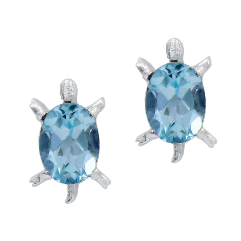 Turtle-shaped stud earrings with faceted oval blue topaz gemstones set in silver
